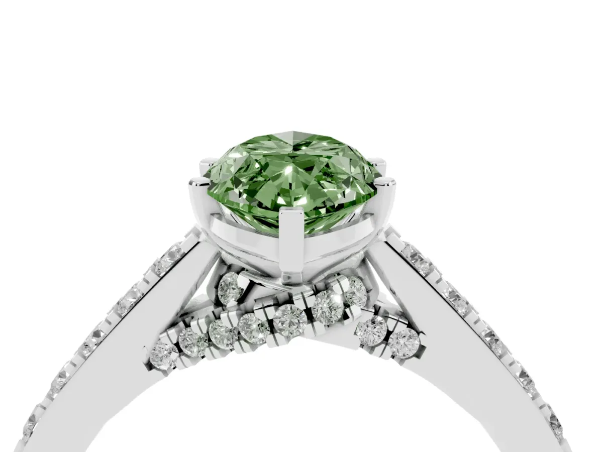 Fancy Green Marquise Cut Diamond Solitaire Ring with Crossover Gallery and Round Pavé Band White gold