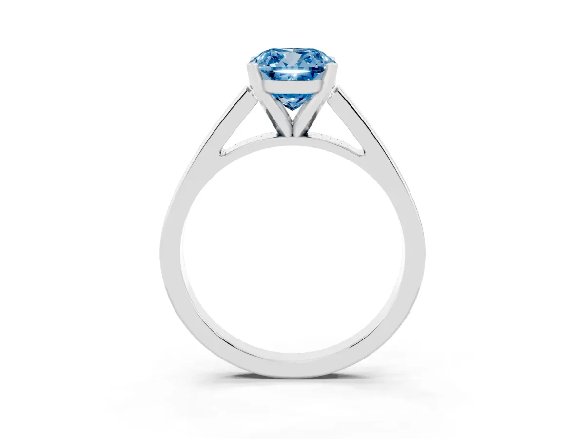 Fancy Blue Cushion Cut Solitaire Engagement Ring with Four-Prong Setting and Tapered Band Silver