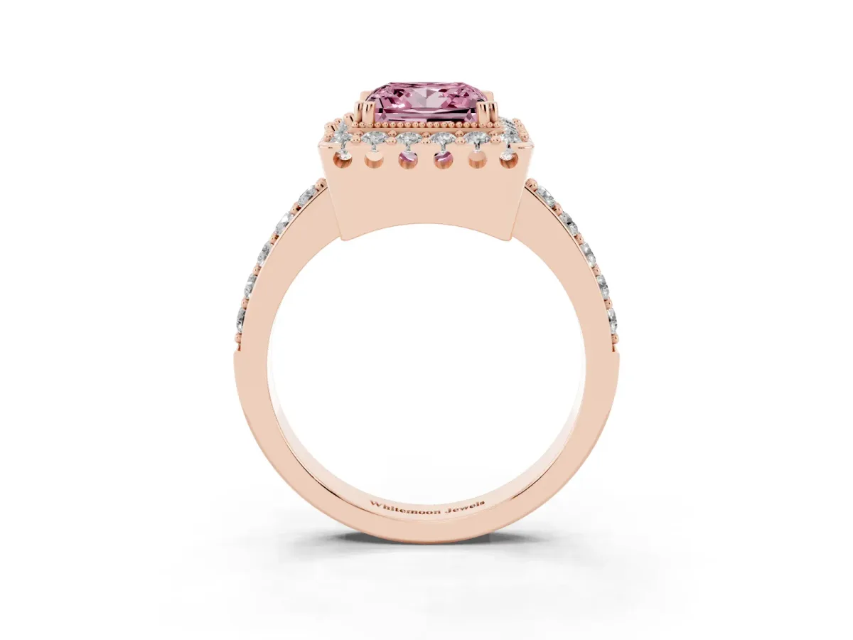 Fancy Pink Princess Cut Diamond Halo Ring with Pavé Band and Prong Setting Rose gold