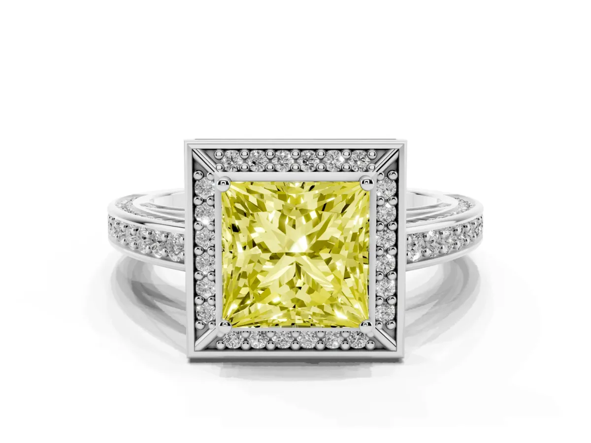 Fancy Yellow Princess Cut Cut Halo Pave Split Shank Prong Setting Ring White gold