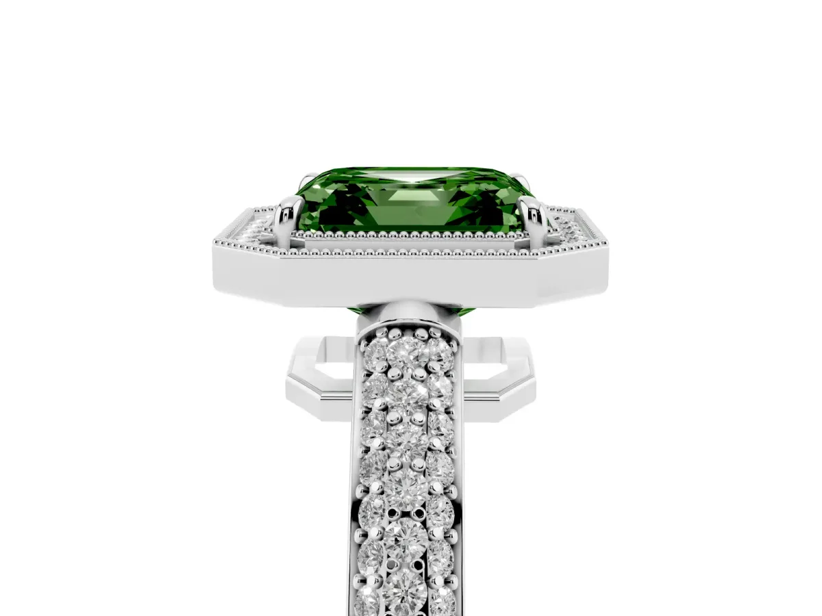 Fancy Green Asscher Cut Cut Halo Diamond Pave Band with Four-Prong Setting Platinum