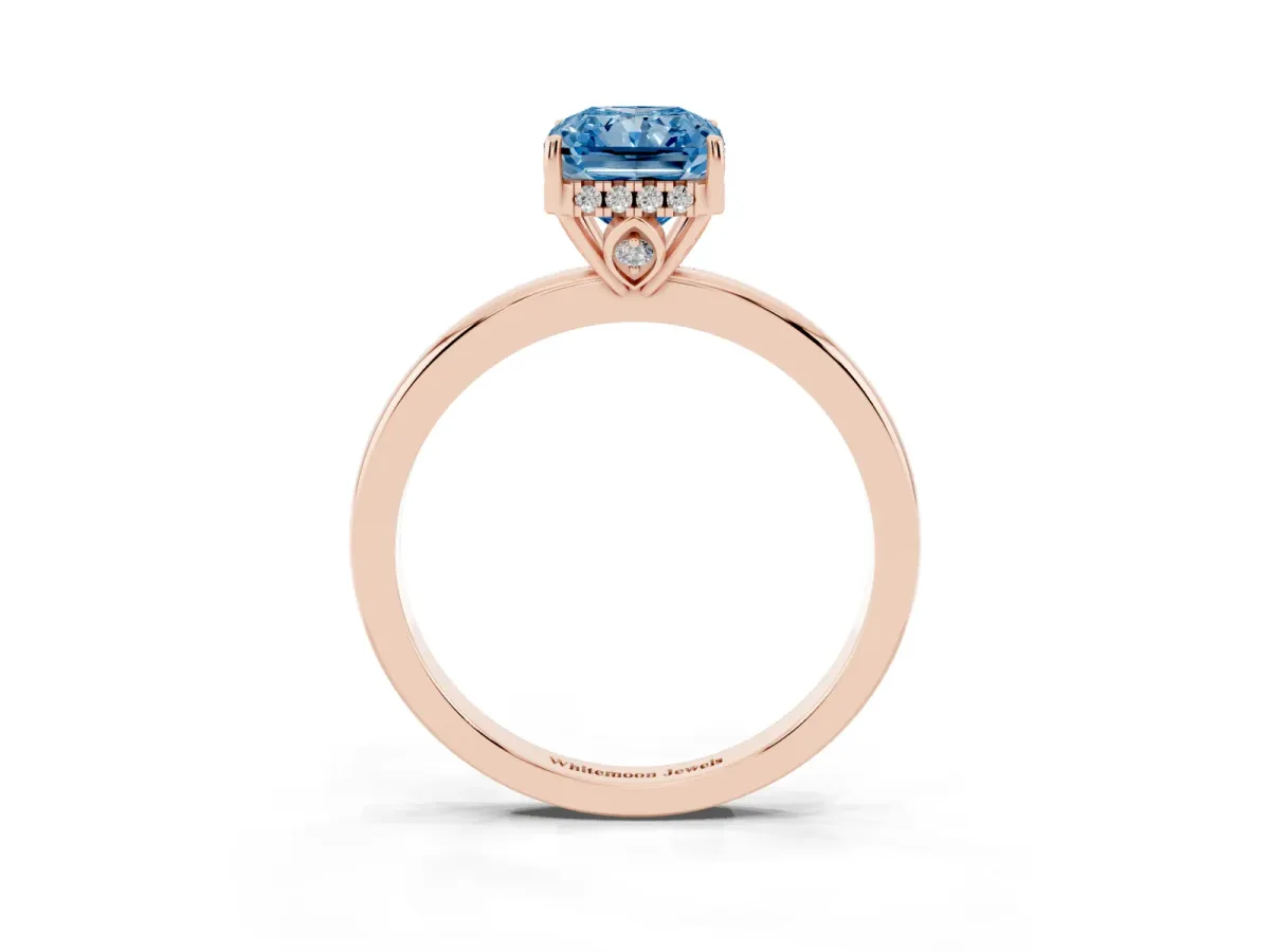 Fancy Blue Radiant Cut Solitaire Diamond Ring with Prong Setting and Plain Band Rose gold