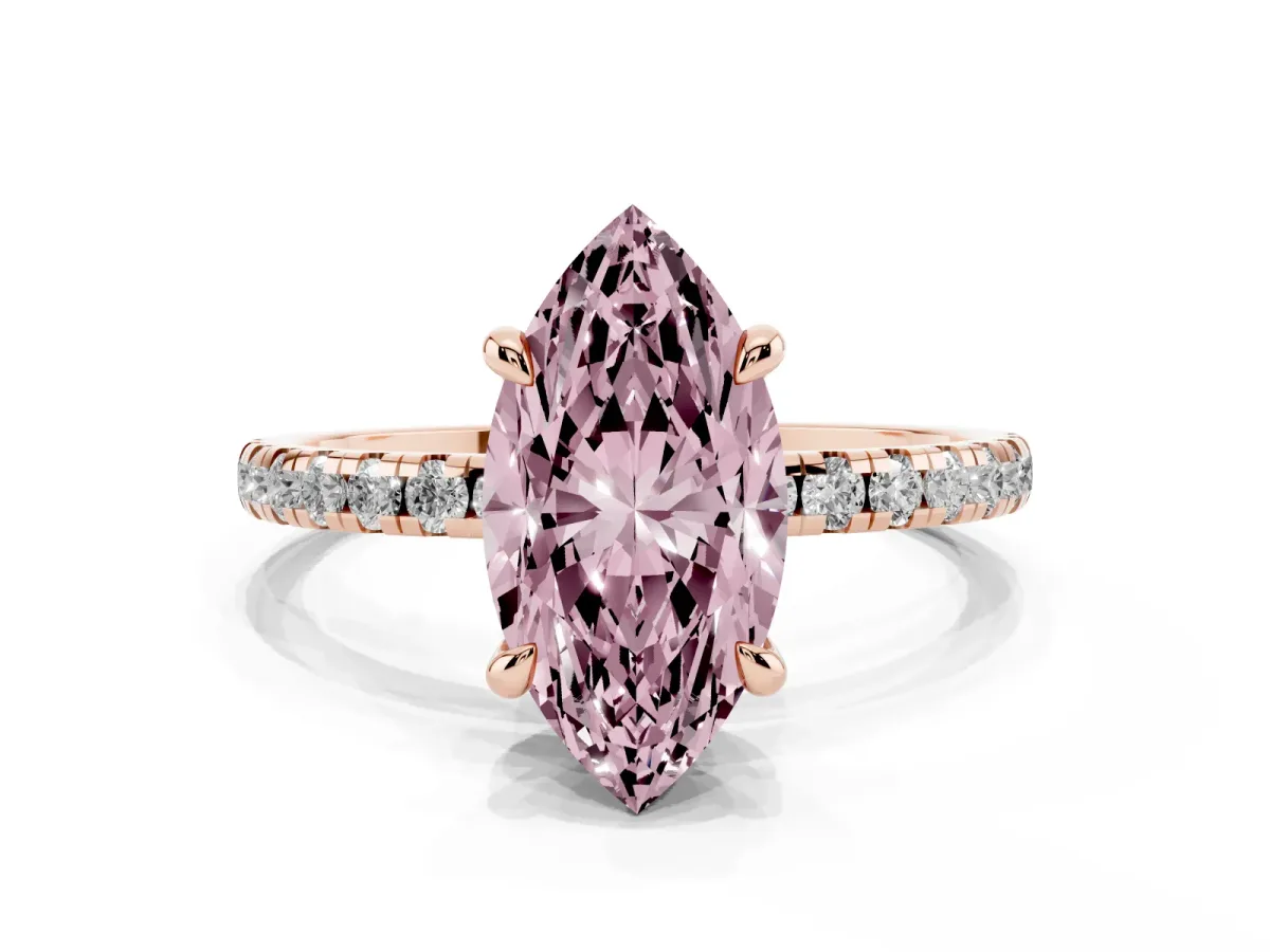 Fancy Pink Marquise Cut Diamond Brilliant Solitaire Ring with Pavé Band and Four-Prong Setting Rose gold