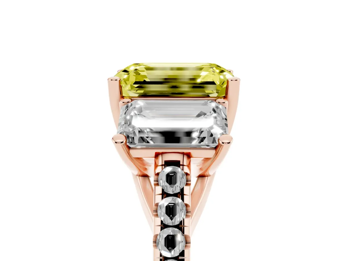 Fancy Yellow Three-Stone Emerald Cut Diamond Ring with Round Pavé Band and Prong Setting Rose gold