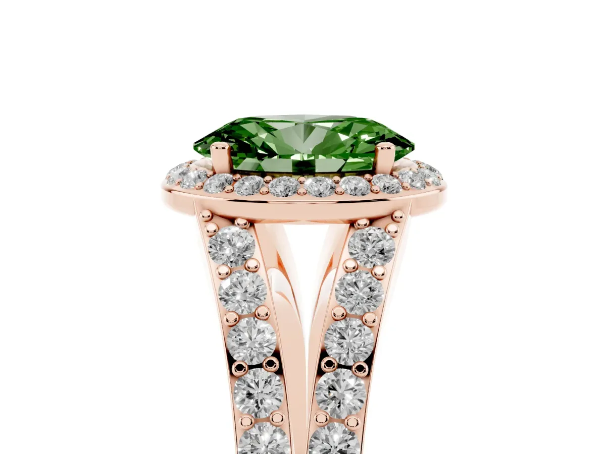Fancy Green Oval Cut Diamond Split Shank Halo Ring with Four-Prong Setting Rose gold