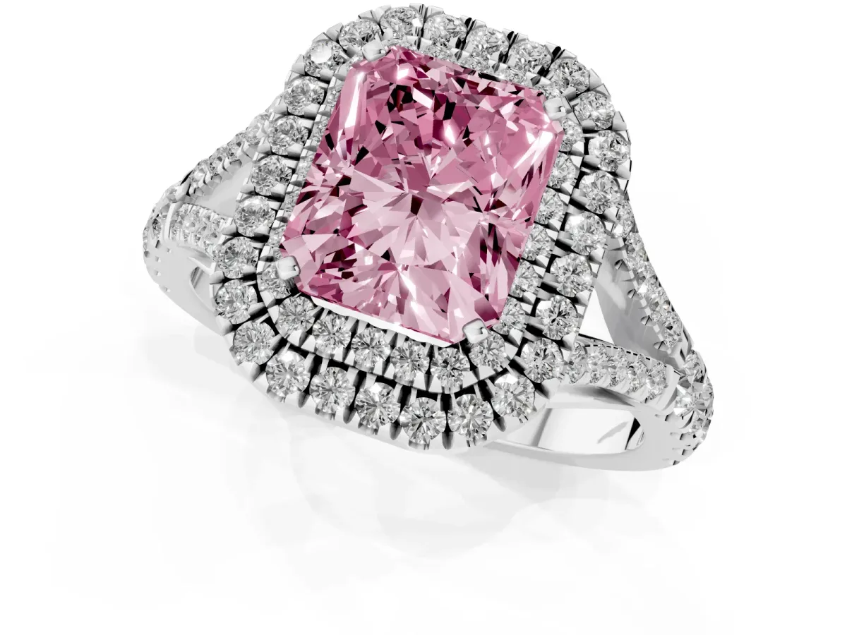 Fancy Pink Double Halo Radiant Cut Diamond Split Shank Engagement Ring with Four-Prong Setting Silver