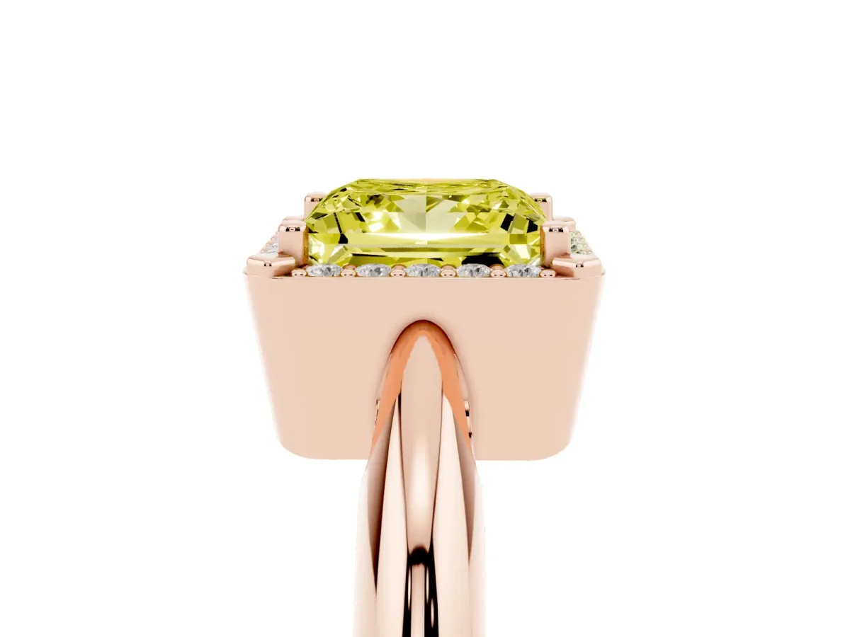 Fancy Yellow Princess Cut Cut Diamond Halo Engagement Ring with Split Shank and Four-Prong Setting Rose gold