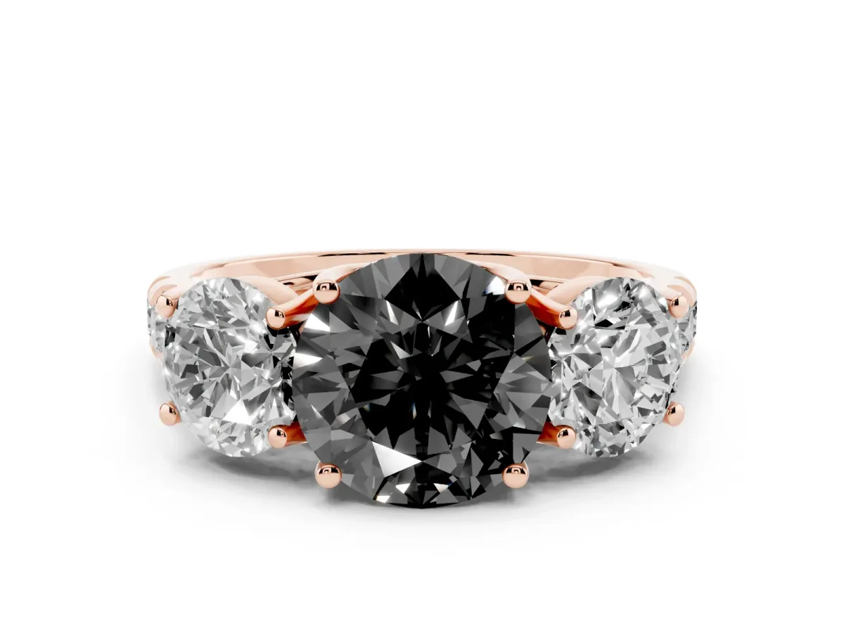 Fancy Black Three-Stone Round Cut Diamond Pavé Band with Prong Setting Rose gold