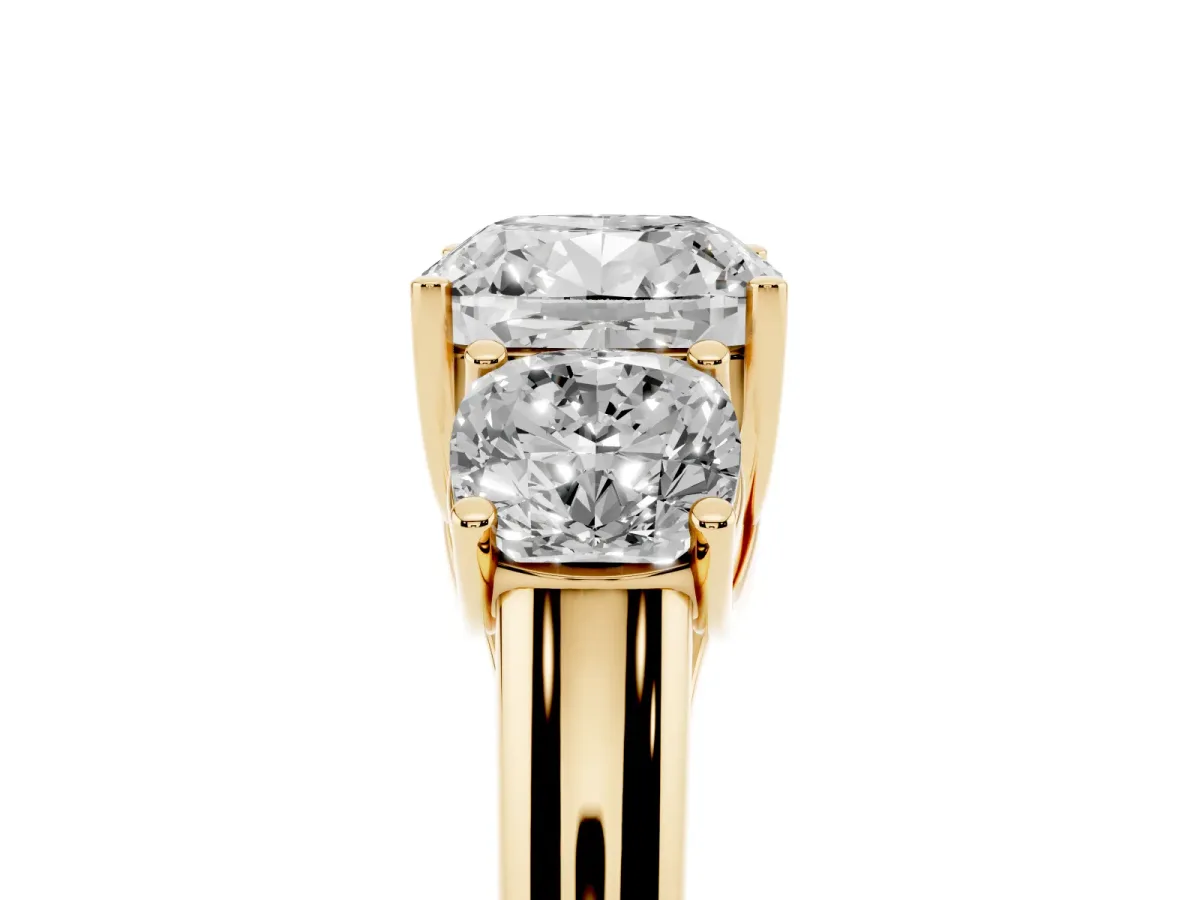 Three-Stone Cushion Cut Diamond Engagement Ring with Prong Setting Yellow gold