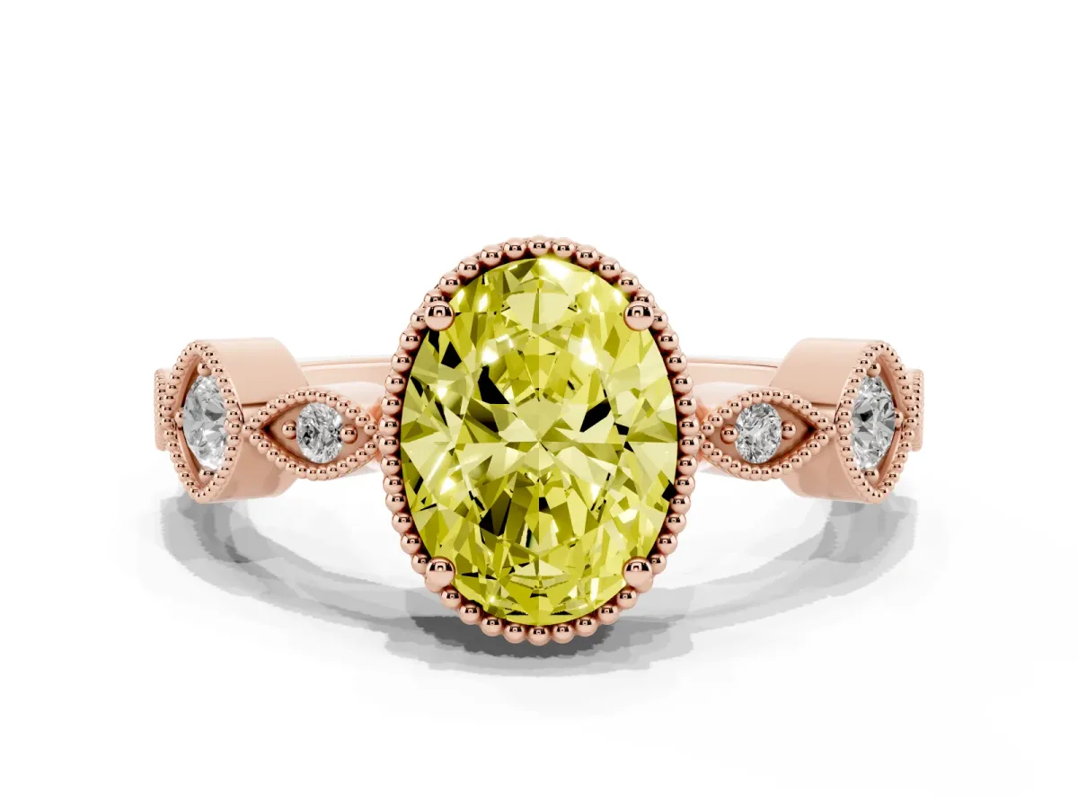 Fancy Yellow Oval Cut Diamond Vintage Milgrain Ring with Round Stations Rose gold