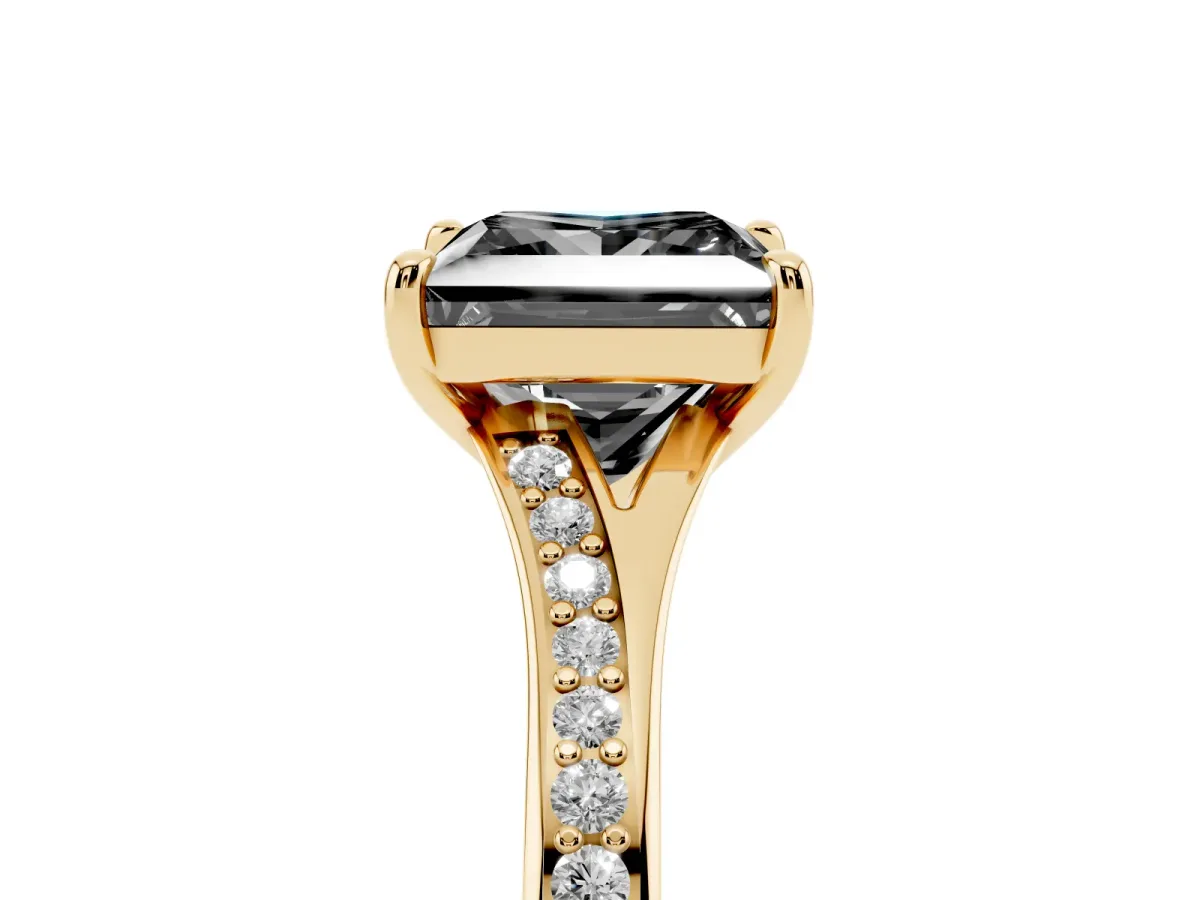 Fancy Black Princess Cut Diamond Solitaire Ring with Pavé Band and Prong Setting Yellow gold