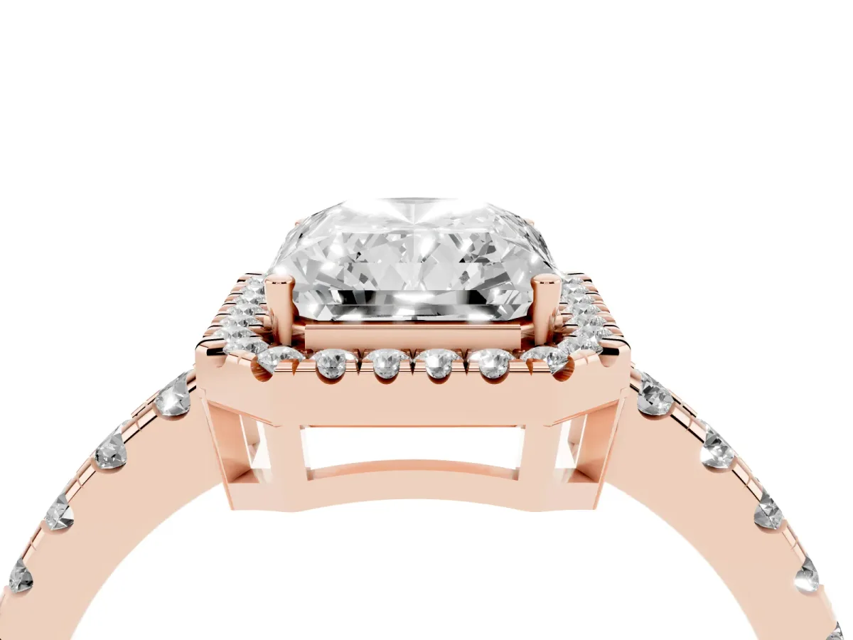 Radiant Cut Diamond Halo Ring with Pavé Band and Four-Prong Setting Rose gold