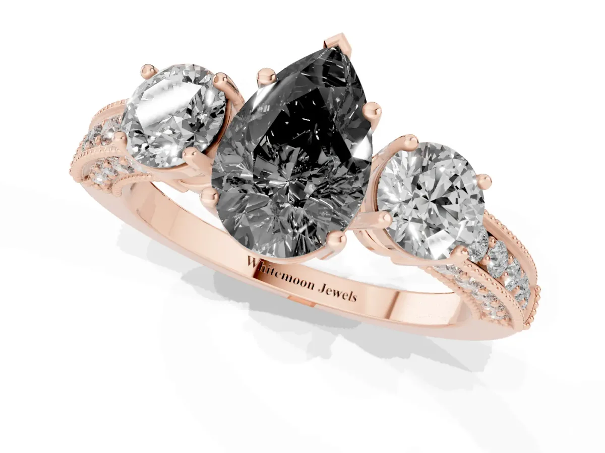 Fancy Black Pear Cut Three-Stone Diamond Ring with Pavé Band and Four-Prong Setting Rose gold