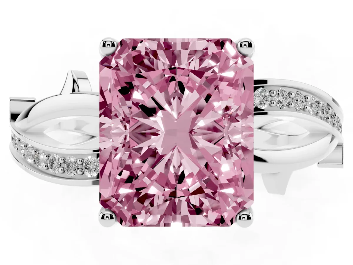 Fancy Pink Radiant Cut Solitaire Twist Band with Pavé Accents and Four-Prong Setting Silver