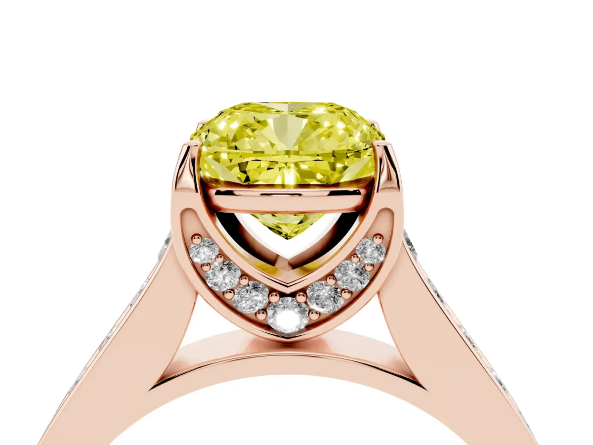 Fancy Yellow Cushion Cut Brilliant Cut Diamond Engagement Ring with Pavé Band and Four-Prong Setting Rose gold