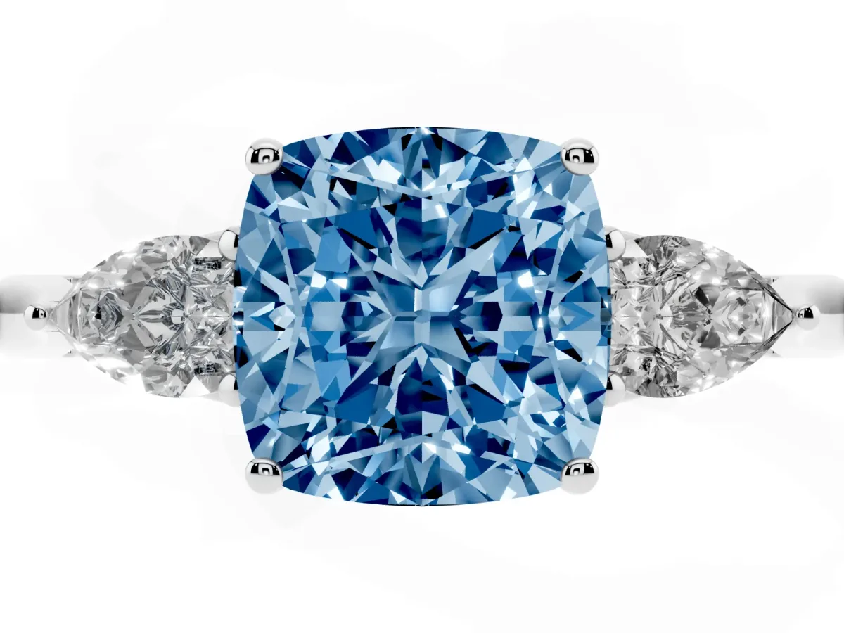 Fancy Blue Three-Stone Cushion Cut Brilliant Diamond Solitaire Ring with Tapered Band and Four-Prong Setting Silver