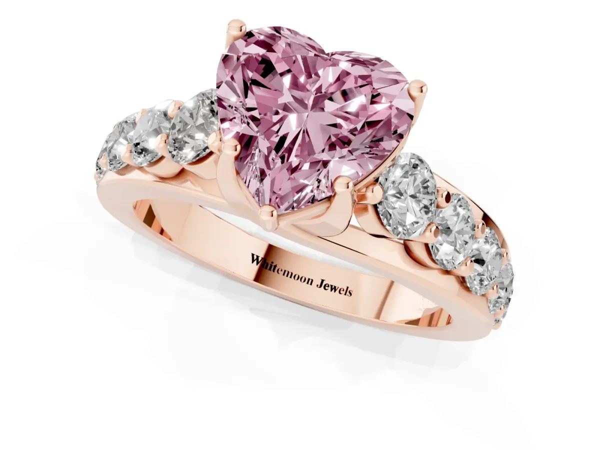 Fancy Pink Heart Cut Diamond Engagement Ring with Pavé Band and Four-Prong Setting Rose gold