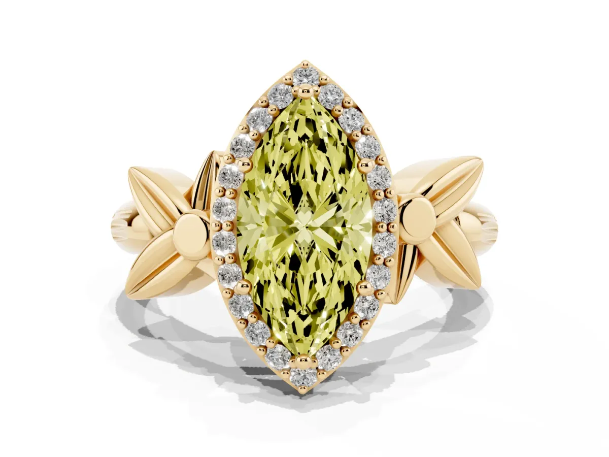 Fancy Yellow Marquise Cut Halo Diamond Floral Band with Four-Prong Setting Yellow gold