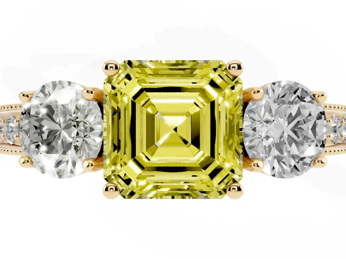 Fancy Yellow Asscher Cut Three-Stone Diamond Ring with Pavé Band and Four-Prong Setting Yellow gold