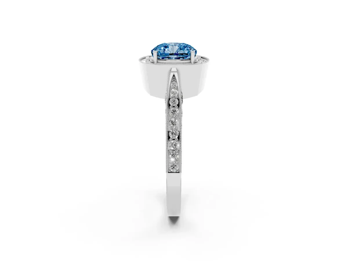 Fancy Blue Cushion Cut Halo Diamond Engagement Ring with Split Shank Band and Four-Prong Setting Silver
