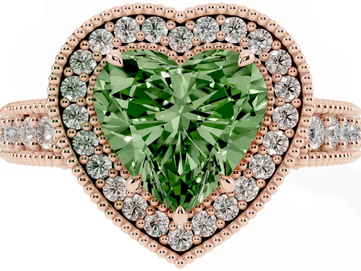 Fancy Green Heart Cut Cut Halo Diamond Ring with Pavé Band and Four-Prong Setting Rose gold