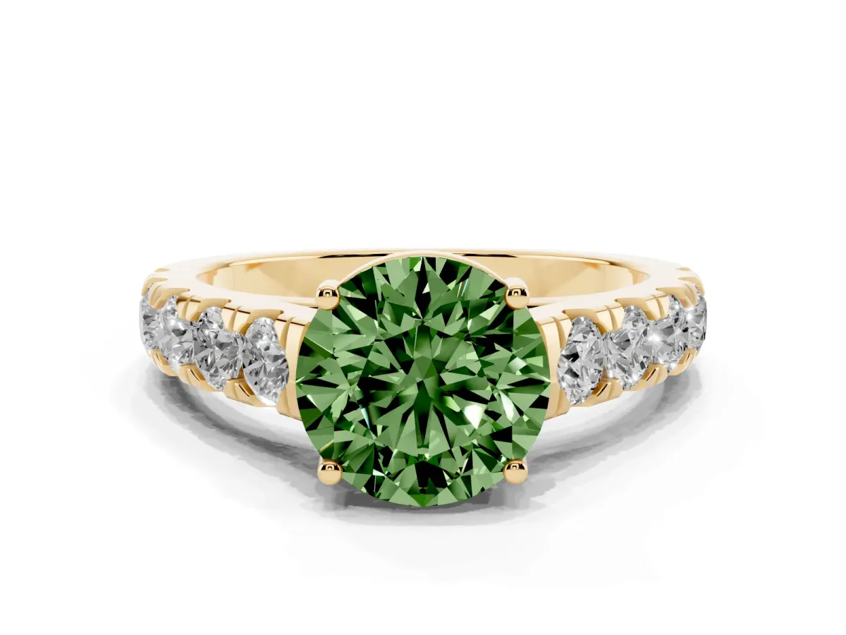 Fancy Green Round Cut Cut Diamond Solitaire Ring with Micro Pave Band and Prong Setting Yellow gold