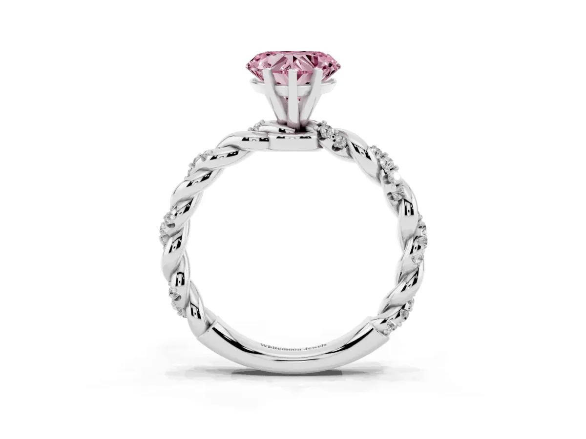 Fancy Pink Heart Cut Diamond Solitaire Ring with Twisted Band and Pavé Accents Platinum