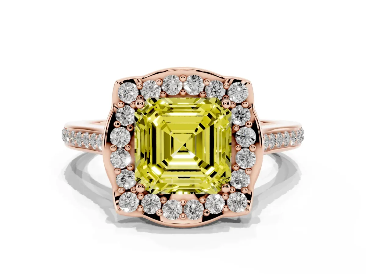 Fancy Yellow Asscher Cut Halo Round Diamond Pave Band with Four-Prong Setting Rose gold