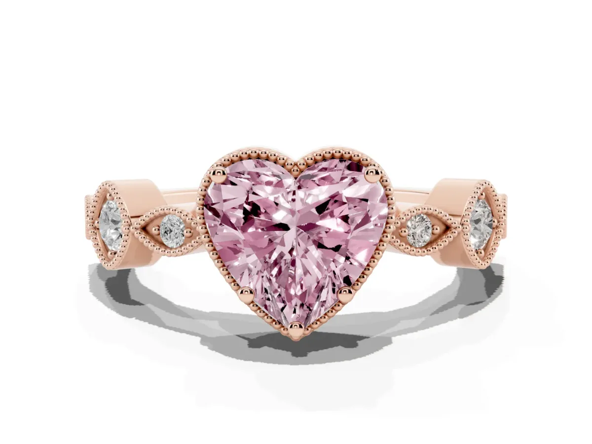 Fancy Pink Heart Cut Diamond Vintage Milgrain Ring with Round Stations Rose gold