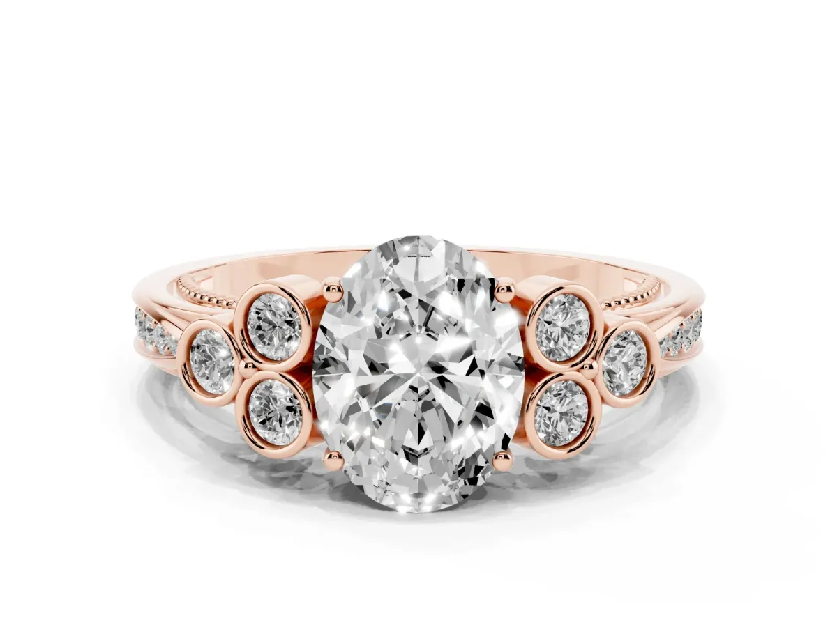 Oval Cut Cut Diamond Engagement Ring with Bezel Set Round Side Stones and Prong Setting Rose gold