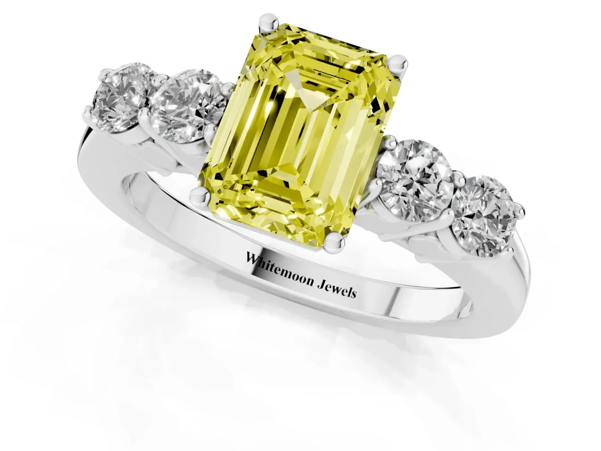 Fancy Yellow Emerald Cut Cut Diamond Five-Stone Prong Set White Gold Ring Silver