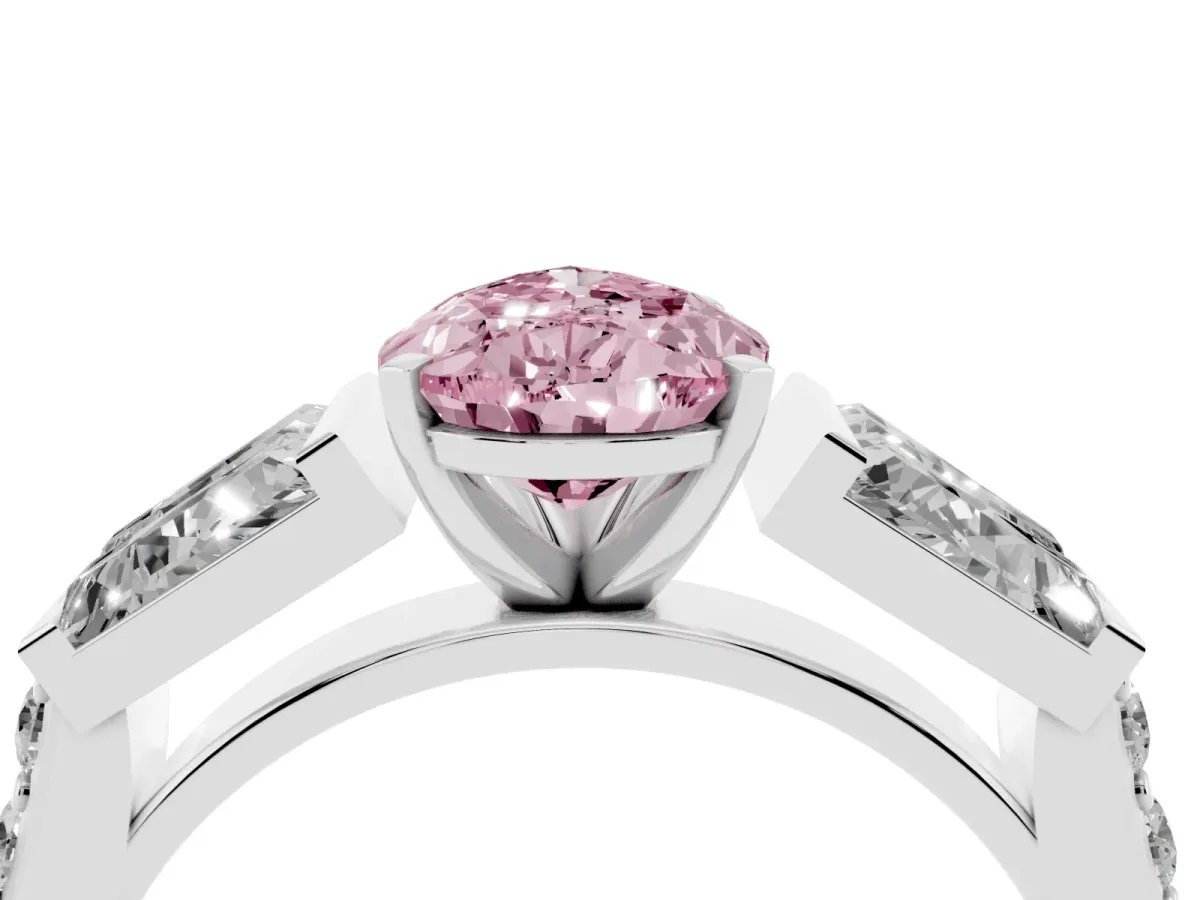 Fancy Pink Pear Cut Diamond Engagement Ring with Baguette Side Stones and Channel Set Band Platinum