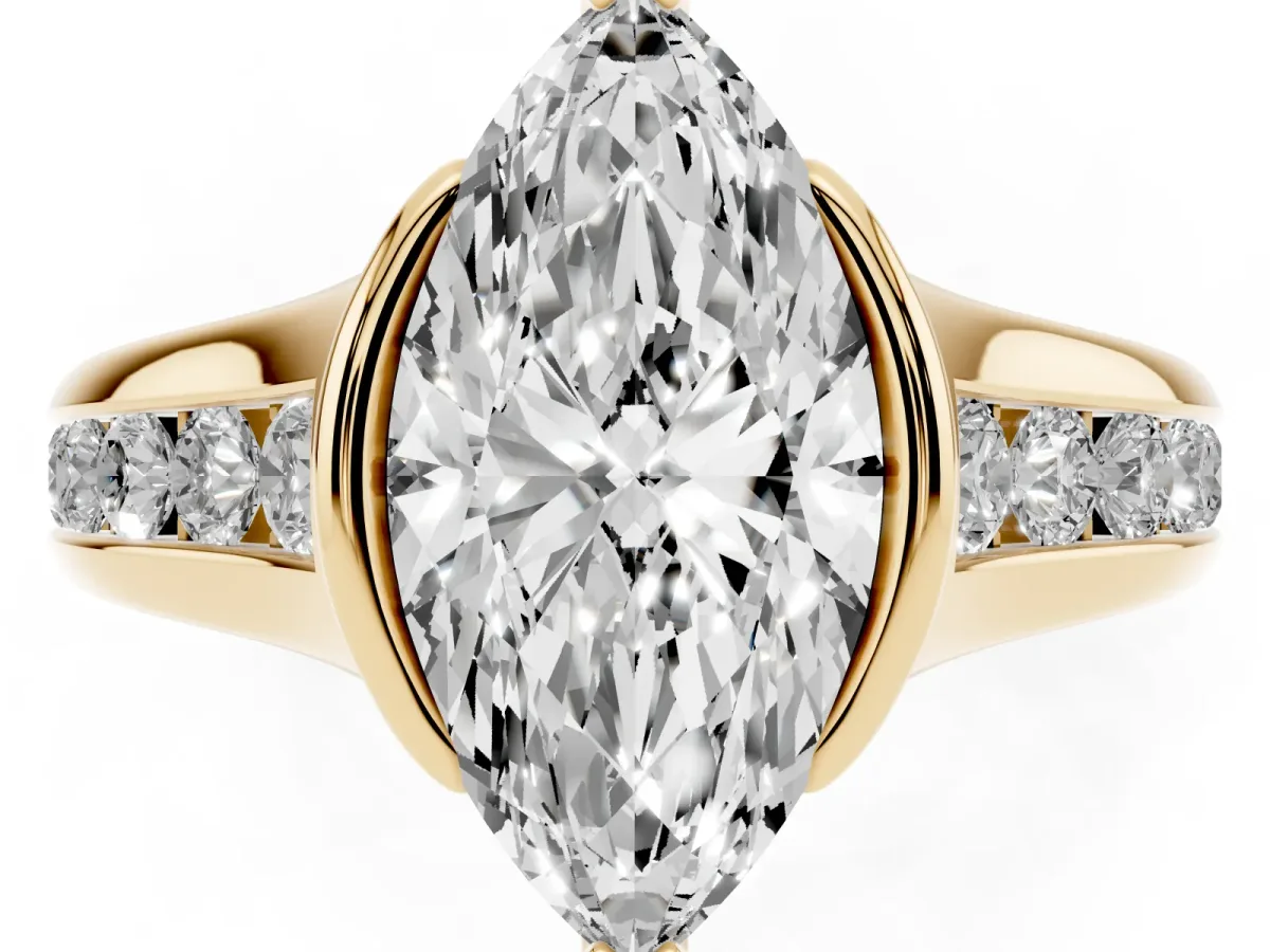 Marquise Cut Solitaire Bezel-Set Diamond Ring with Channel-Set Band Yellow gold
