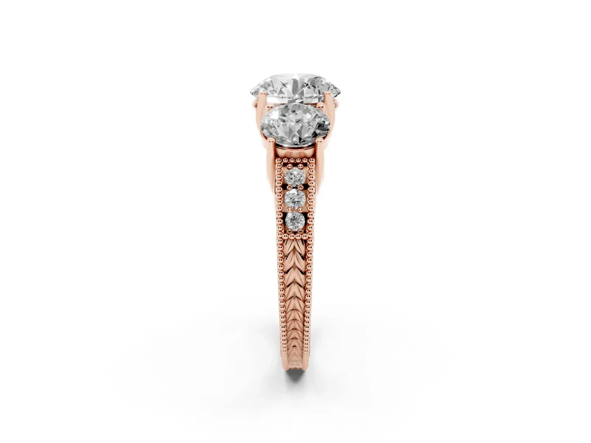 Three-Stone Round Cut Cut Milgrain Pavé Engagement Ring Rose gold