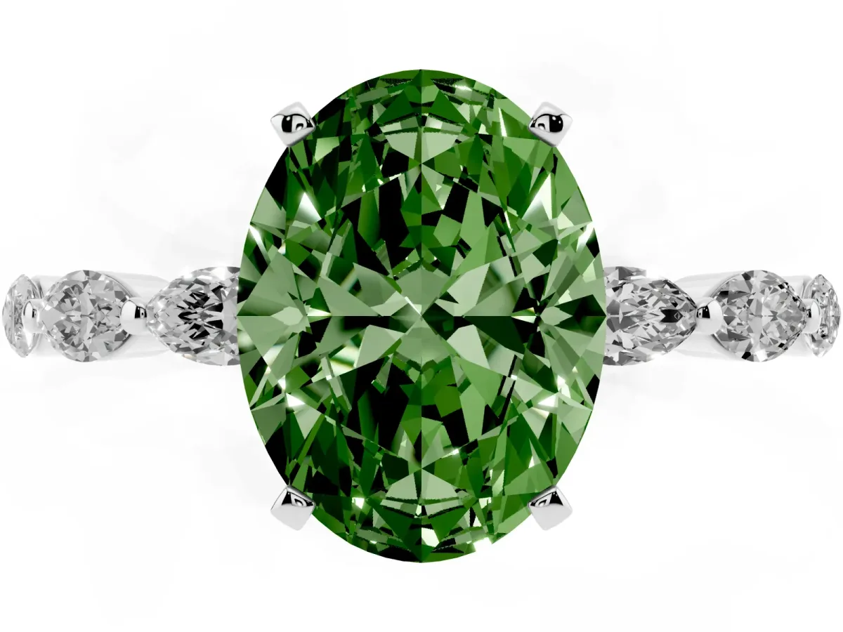 Fancy Green Oval Cut Diamond Ring with Marquise Side Stones and Prong Setting Platinum