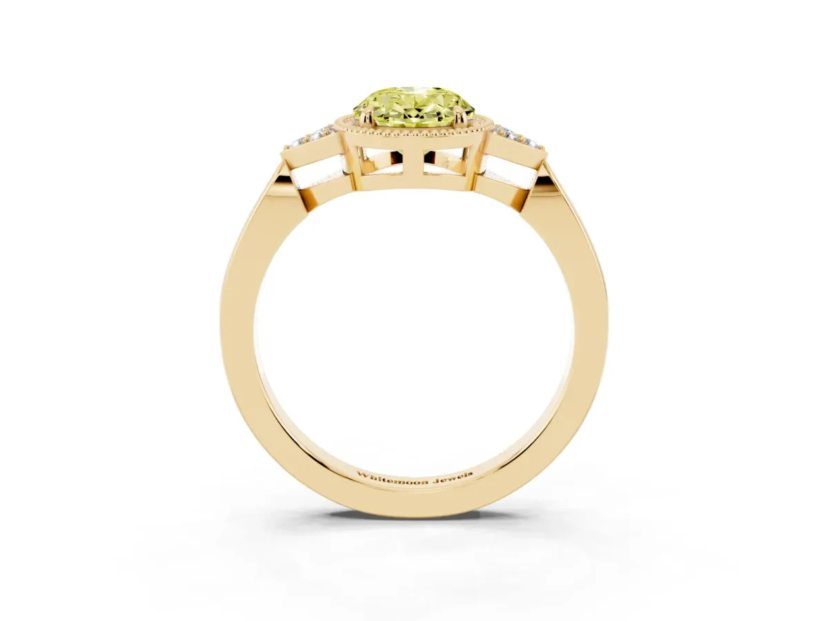 Fancy Yellow Hexagonal Halo Oval Cut Diamond Solitaire with Pavé Band and Four-Prong Setting Yellow gold