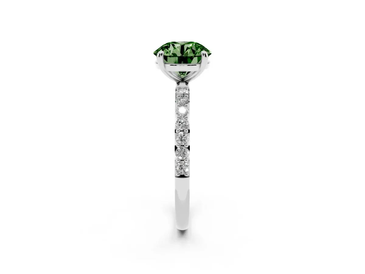 Fancy Green Round Cut Diamond Solitaire Ring with Round Pavé Band and Prong Setting Silver