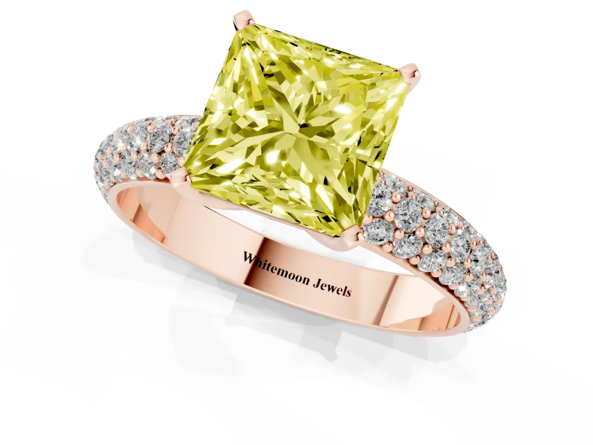 Fancy Yellow Princess Cut Diamond Solitaire Ring with Prong Setting and Pavé Band Rose gold