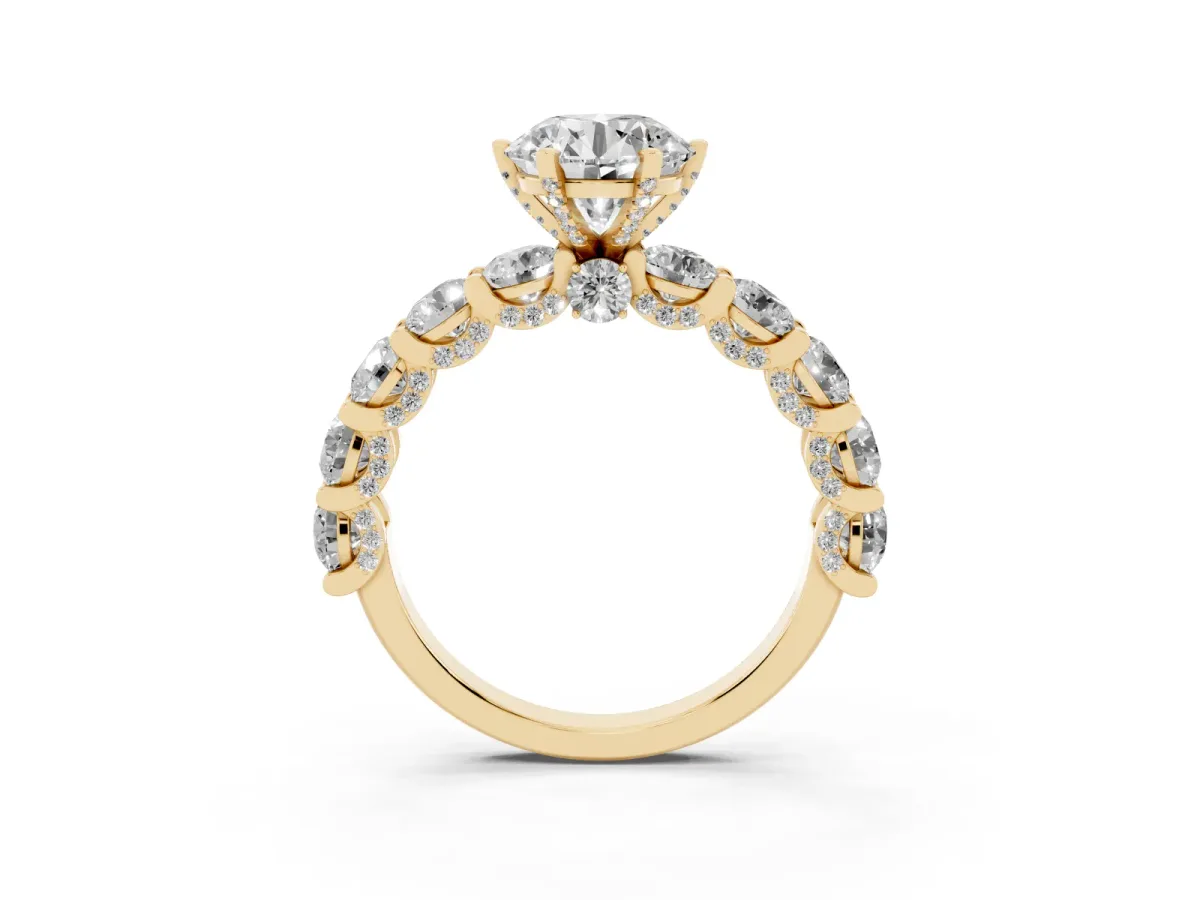 Round Cut Diamond Side Stone Engagement Ring with Four-Prong Setting Yellow gold