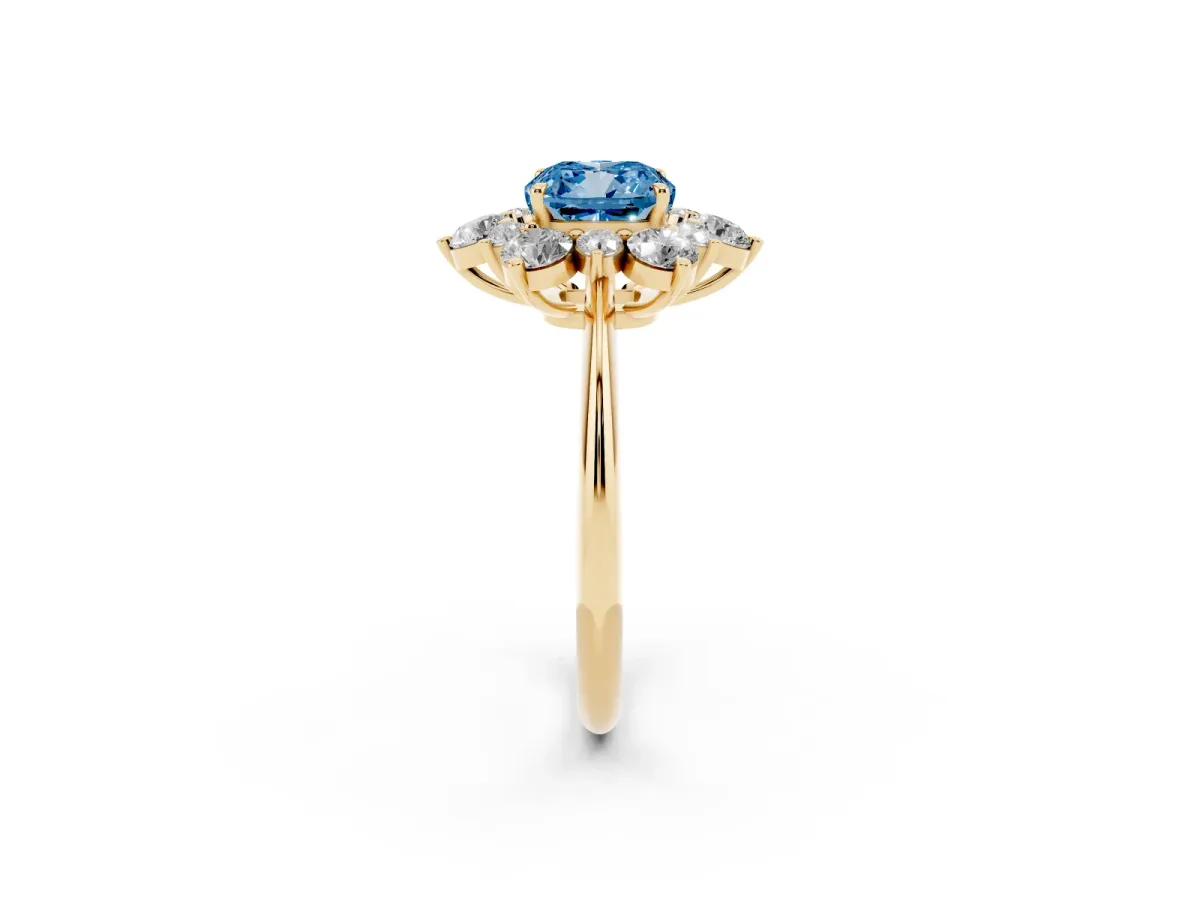 Fancy Blue Cushion Cut Diamond Cluster Halo Ring with Solitaire Band and Four-Prong Setting Yellow gold