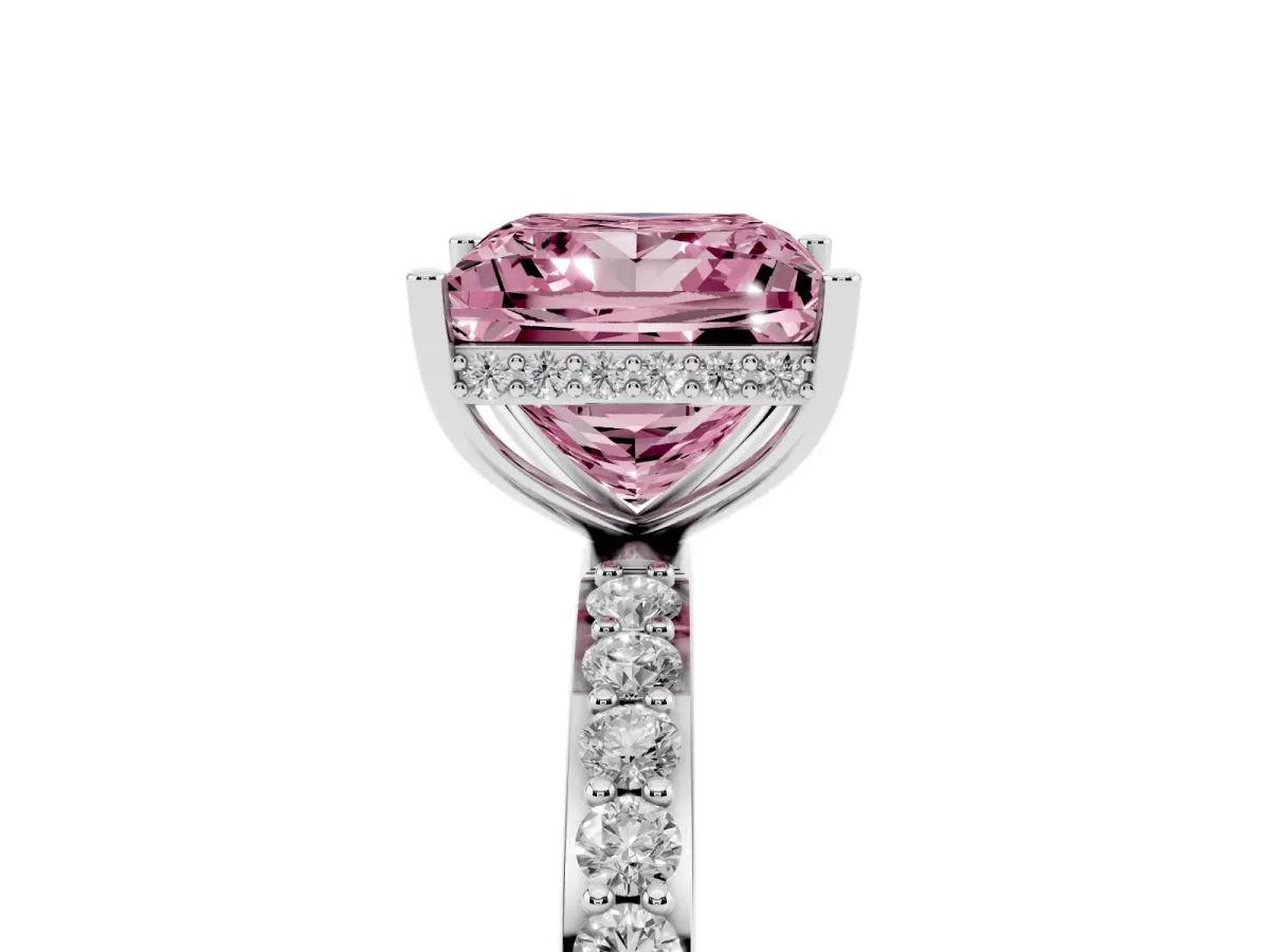 Fancy Pink Princess Cut Diamond Solitaire Ring with Pavé Band and Hidden Halo Silver