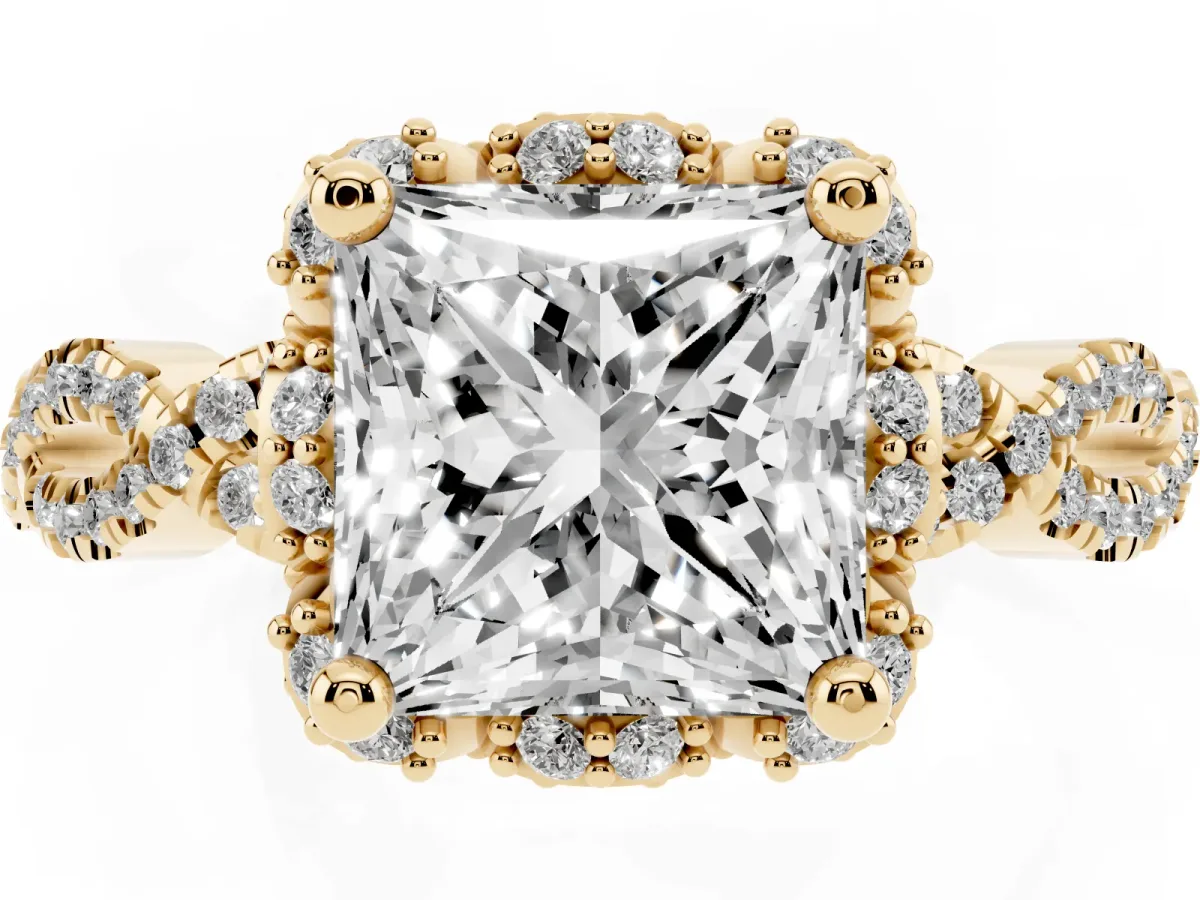 Princess Cut Halo Twist Band Solitaire Ring with Six-Prong Setting Yellow gold