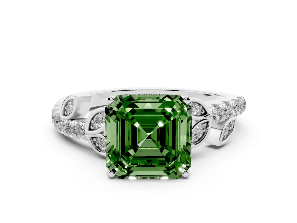 Fancy Green Asscher Cut Solitaire Leaf-Inspired Diamond Ring with Pavé Band and Four-Prong Setting White gold
