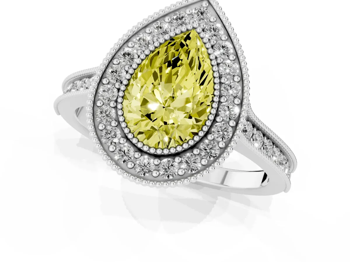 Fancy Yellow Halo Pear Cut-Cut Diamond Pave Band Milgrain Prong Setting Ring Platinum