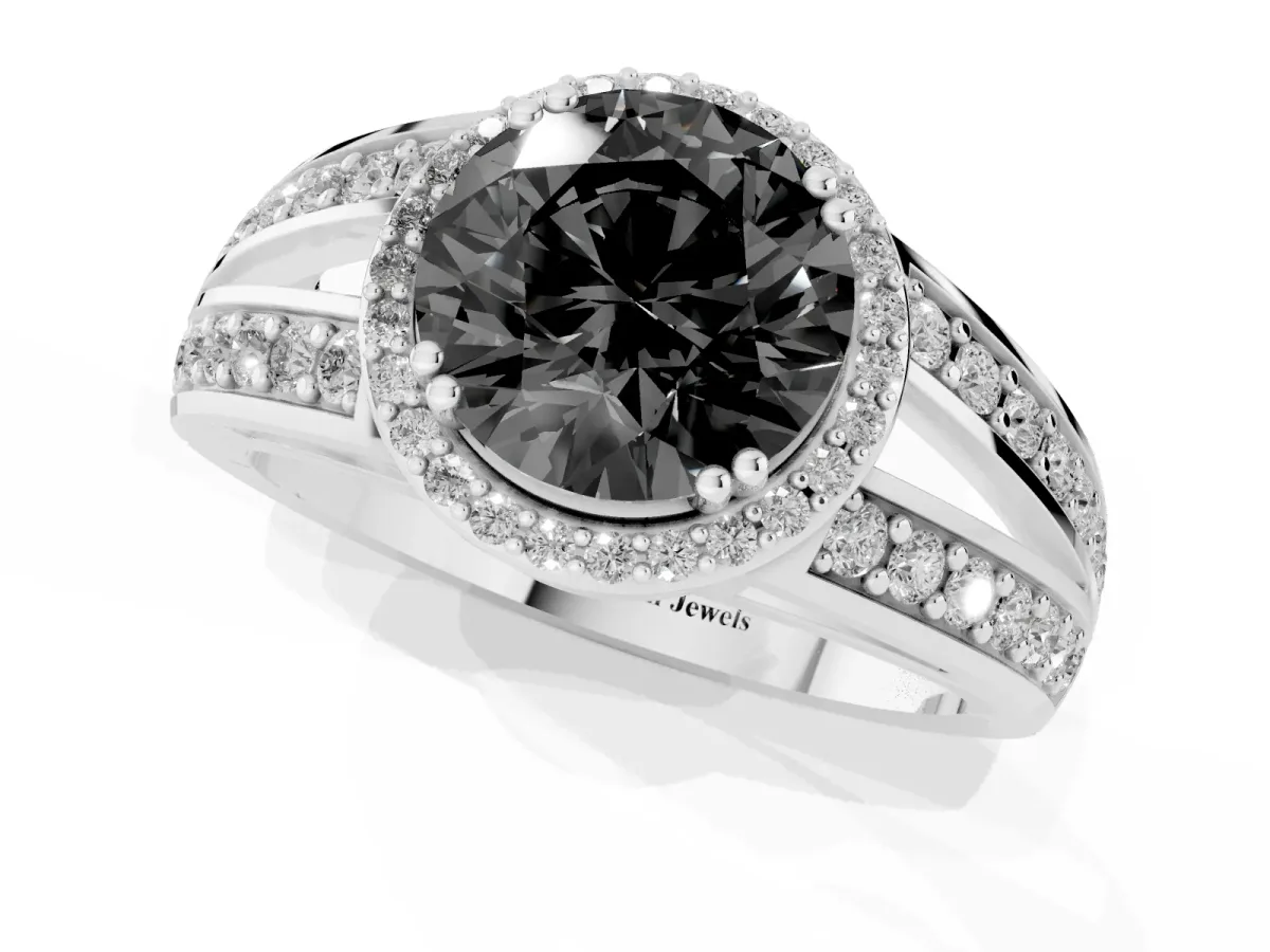 Fancy Black Round Cut Diamond Halo Ring with Split Shank Pavé Band and Four-Prong Setting Platinum