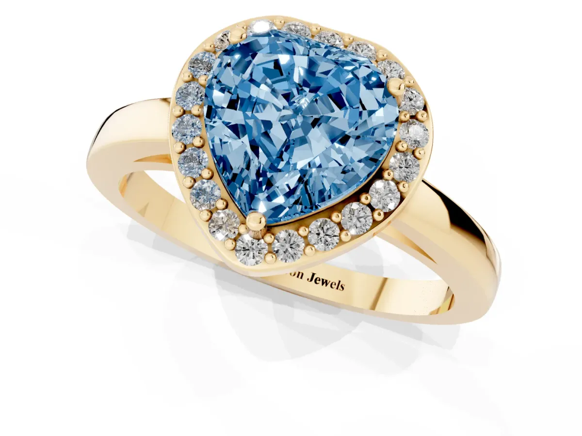 Fancy Blue Heart Cut Halo Diamond Ring with Solitaire Band and Prong Setting Yellow gold