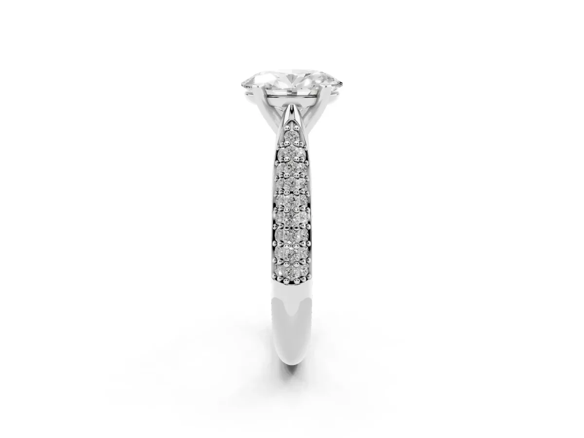 Oval Cut Diamond Solitaire Engagement Ring with Multi-Row Round Pavé Band and Prong Setting Silver