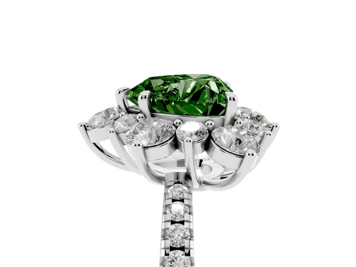 Fancy Green Heart Cut Diamond Floral Halo Ring with Round Pavé Band and Prong Setting Silver