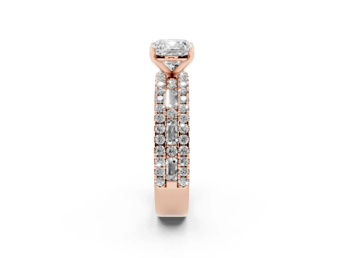 Cushion Cut Diamond Solitaire Ring with Pavé and Channel Set Band Rose gold