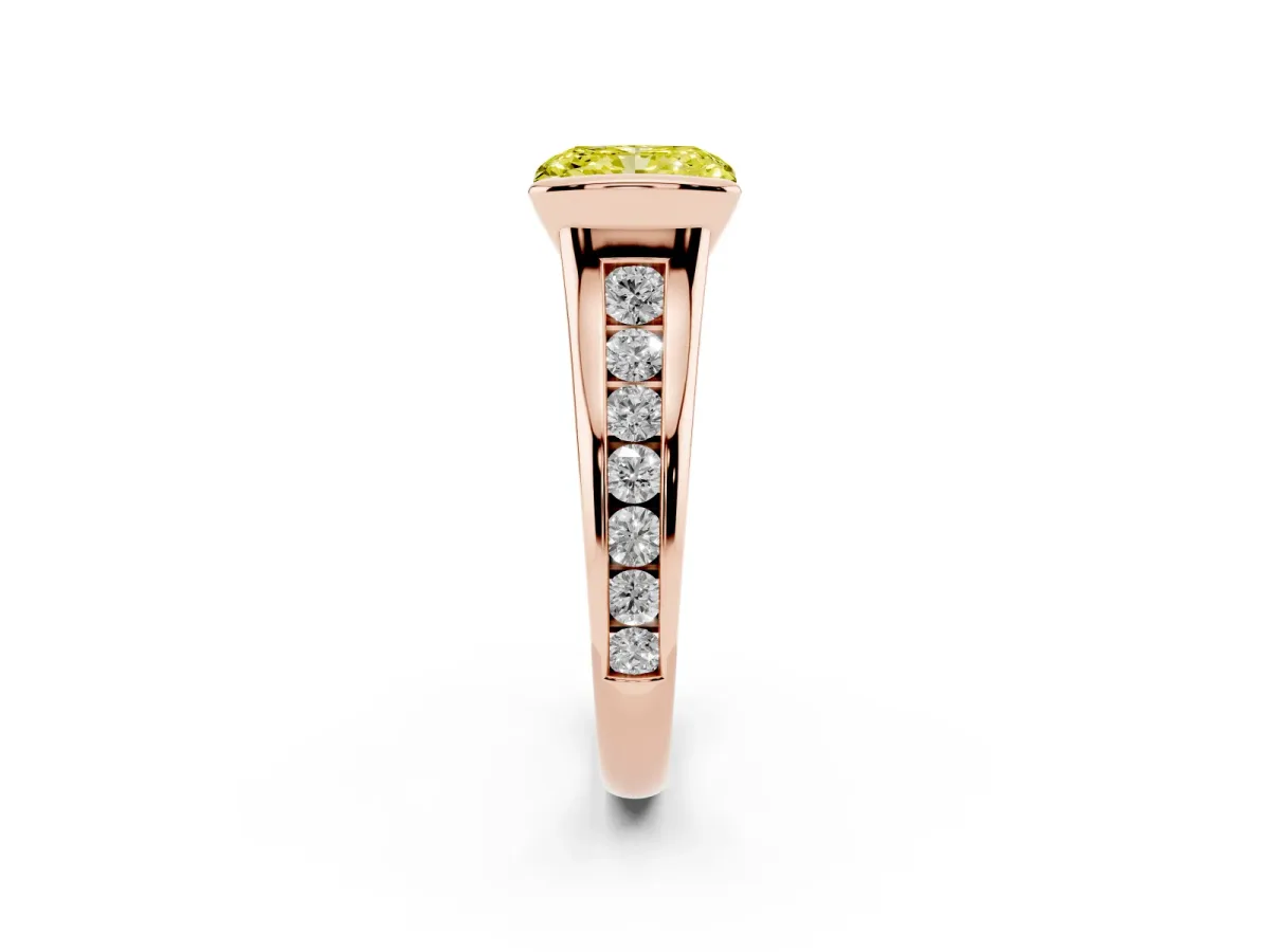 Fancy Yellow Radiant Cut Solitaire Bezel-Set Diamond Ring with Channel-Set Band Rose gold